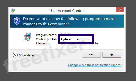Screenshot where CyberGhost S.R.L. appears as the verified publisher in the UAC dialog